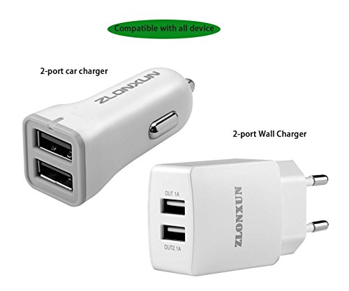 Ladegerät: Dual – USB – mauer – ladegerät 2.4A + KFZ Ladegerät + 2 Micro – USB – Kabel für Samsung Galaxy S7 S7 Edge S6 Edge+ s4 S2, Samsung Galaxy Note 4 edge, Note 5, lg g3 g8, HTC one m8, Mehr(Weiß) - 3