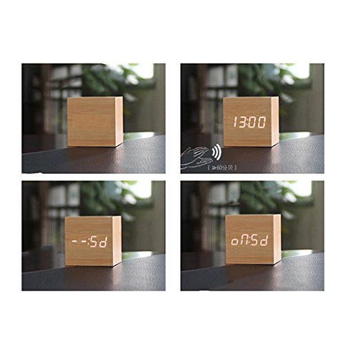 Generic Kantholz LED Alarm Wecker Tischuhr Sprachsteuerung Sensor mit Thermometer Anzeige – Natur + Weiß - 5
