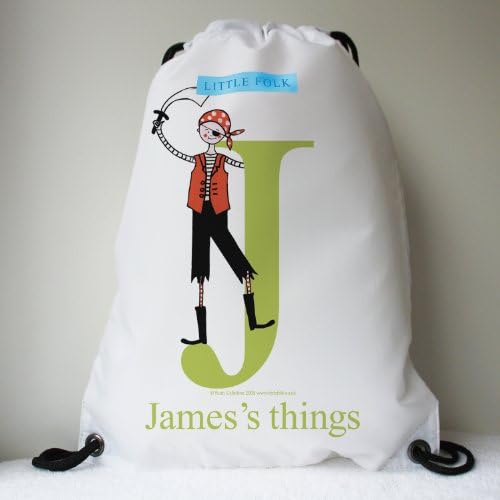 Little Folk Personalised Drawstring Swimming Bags for Boys &amp; Girls - Plank the Little Pirate from the Alphabet Range (Green lettering)
