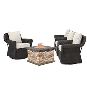 Christopher Knight Home 300248 Augusta Patio Furniture 5 Piece Outdoor Wicker Rocking Arm Chair And Propane Stone Fire Pit Amazon In Garden Outdoors