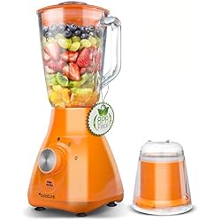 Blender, Mixeur 2en1 800W avec récipient verre 1,5 L couteau 4 lames en acier inoxydable, adapté pour smoothies, glace pilée, etc (Orange)