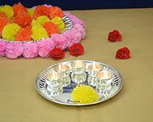 GoldGiftIdeas Aarti Special Pooja Thali Set, Decorative Gift, 8 inch (Silver Plated)