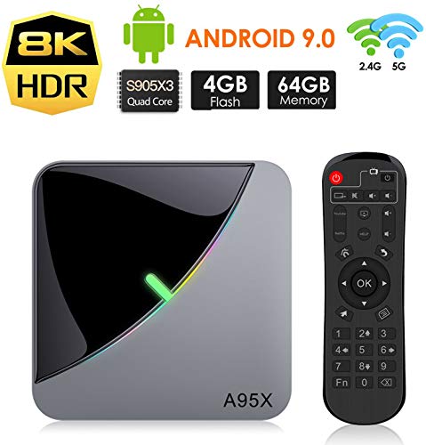 A95X TV Box Android 9.0 [4GB RAM+64GB ROM] Quad-Core Cortex-A55 Amlogic S905X3 4K Ultra HD Bluetooth 4.2 Dual Band WiFi 2.4G/5GHz Ethernet Network10/100M Android Smart TV Box