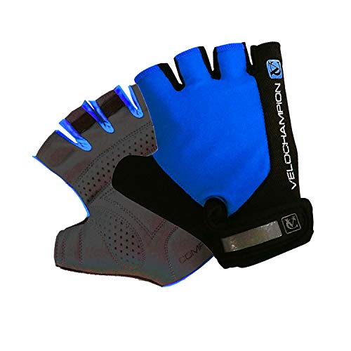 VeloChampion Guantes de Carreras para el Ciclismo de Verano (Black/Blue, Medium) Mitones con Palma con Pro Mitts
