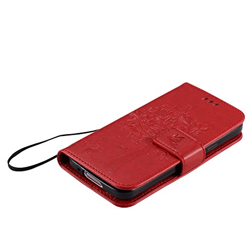 Samsung Galaxy S5 mini Hülle, Cozy Hut Samsung Galaxy S5 mini Hülle Muster, Handy Case Cover Tasche for Samsung Galaxy S5 mini (4.5 Zoll), Bunte Retro Katzen Schmetterlinge Baum Prägemuster Design Muster Druck Flip PU Leder Tasche Case Hülle im Bookstyle mit Standfunktion Kartenfächer mit Weich TPU Innere Hülle Case für Samsung Galaxy S5 mini – Rote - 3