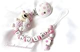 Schnullerkette Teddy mit Namen - Mädchen - (Rosa, Weiß, Blümchen)