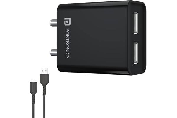 Portronics Adapto 66 2.4A 12w Dual USB Port 5V/2.4A Wall Charger,Comes with 1M Micro USB Cable, USB Wall Charger Adapter for Smartphone (Black)