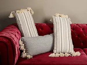95 Threads Cotton Woven Cushion Filled/Striped Decorative Throw Pillow Cushion Cover Set (Grey, 12X26 Inch)