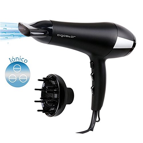 Aigostar Monique 32HIE - Secador profesional iónico de pelo en color negro con difusor y accesorios. 2400 watios. Diseño exclusivo de Aigostar.