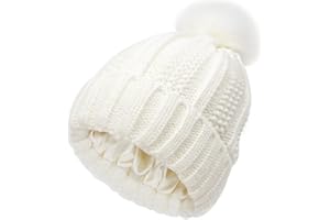 TOEECY Czapka z pomponem damska, zimowa, ciepła beanie, satynowa, z podszewką, miękka czapka z dzianiny, ochrona fryzury, czapka zimowa z pomponem ze sztucznego futra, dla kobiet