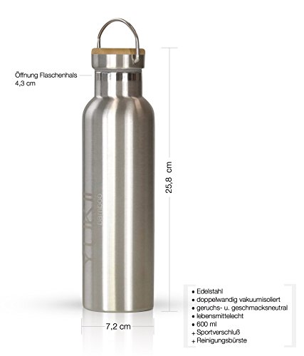 Robuste Design-Trinkflasche, Thermosflasche YUKII BAMBOO: doppelwandig, Edelstahl, 600 ml, inkl. 2 Trinkverschlüssen und gratis Bürste. Perfekt für Sport und Freizeit. - 3