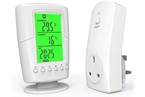 Decdeal Wireless Remote Thermostat, Smart Programmable Temperature Controller RF Plug in Socket Heating Cooling Program Temperature Controller for Heater/Cooler/Fan/Electric Fireplace Heater