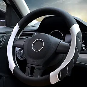 AVIAXO Leather Car Steering Wheel Cover |Breathable, Anti - Slip Odorless | Warm in Winter and Cool in Summer | Genuine Leather Steering Wheel Cover [ Black , White ]