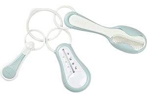 BÉABA, Set accessoires toilette bébé/ Enfant, Thermomètre de bain+ Coupe ongle+ Peigne brosse, Green Blue