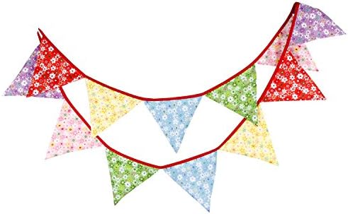 [Multicoloured Red] 3.2m Double Sided Vintage Chic Floral Fabric Bunting Garland Shabby Tea Party Banner