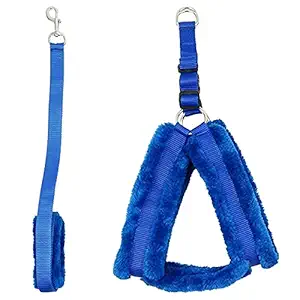 Nylon Dog Harness and Leash for Dogs & Puppies with Fur Nylon Set for Adult Small Dogs, Minimum & Maximum Neck Round Size -25 inch - 30 inch (1 inch- Blue)