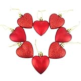 Adornos para árbol de Navidad (8 unidades, 5 cm, acabado mate y con purpurina), diseño de corazón, color rojo