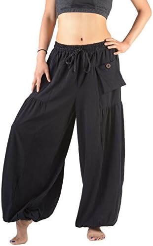 Premium Ladies Cotton Harem Pants - Plain Black With Pockets - Ladies Harem Trousers - Festival Yoga Relaxation (Black)