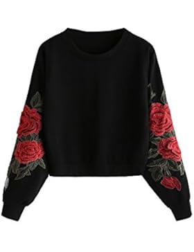 ROMWE Damen Sweatshirt mit Rose Applikation Herbst Winter Shirt Pullover
