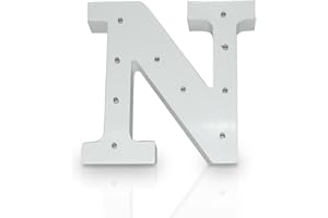 K AKTUAL Letra N en Madera Blanca Iluminada con 10 Luces LED - Decoración e Iluminación de Escaparates o Espacios - Ideal para Apoyar o Colgar - Funciona con Pilas AAA - Altura 15 cm - Aktual