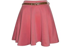 STAR FASHION Womens Plain/Check Tartan Print Belted Skirt Elasticated Waist Skirts Ladies Stretch Flippy Short Flared Mini Skater Size UK 8-26