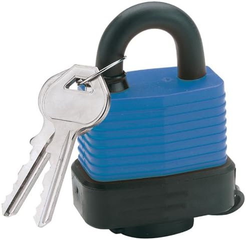 DRAPER 45MM WEATHERPROOF LAMINATED STEEL PADLOCK &amp; 2 KEYS WITH HARDENED STEEL SHACKLE &amp; BUMPER - Laminated steel body with hardened, plated coating steel shackle. Precision pin tumbler and brass cylinder. Special bumper to prevent damage to locked item. Incorporates weatherproof lock cover. Supplied with two keys. Key blanks are available separately. Display packed.