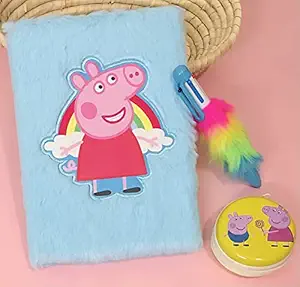 Le Delite Pig theme cartoon Diary with fur 6in1 plush Pen Piggy Pattern Notebook with Ballpoint Pen stylish cute plush Notepad Diary Book Exercise Book School Supplies Cute combo Diary & Pen with cute coin pouch for boyskids/ stationery combo set birthday gift boys kids