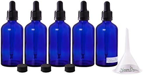 Premium 30ml Glass Dropper Bottles by Nomara Organics - Pack of 5 in Cobalt Blue Glass with Glass Pipette Droppers + BPA- Free Transfer Funnel &amp; 3 x Leak proof Caps.