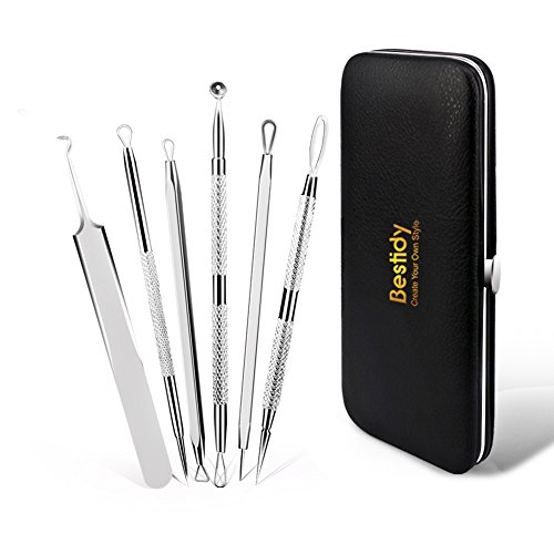 Bestidy Blackhead Remover Pimple Acne Extractor Tools Comedone Removal Kit Treatment for Blemish, Whitehead Popping, Zit Removing -with a Leather Case (Silver)