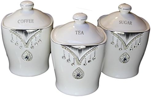 TEA SUGAR & COFFEE FLORAL CANISTER JAR STORAGE SET OF 3 WITH SPARKLING CRYSTAL DIAMANTE ELEMENTS (Design 1)