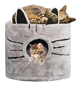 Mellifluous Cute Kitty Face Cat Condo | Wooden Fur Fabric | House for Kittens & Cats (Grey)