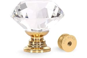 CZC HOME 10pcs 30mm Crystal Glass Door Drawer Knobs Diamond Cut Drawer Handles with 3 Sizes Screws for Cupboard Cabinet Wardrobe Home Decorating, Transparent-Gold Base