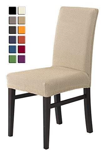 SCHEFFLER-HOME Wien Stuhlhussen 2 Stück, Stretch-Stuhlbezug elastische moderne Husse, Dekoration Stuhl-Abdeckung aus Elastik-Stoff mit Gummiband für universelle Passform, bi-elastic Spannbezug, Chenille Qualität - Beige