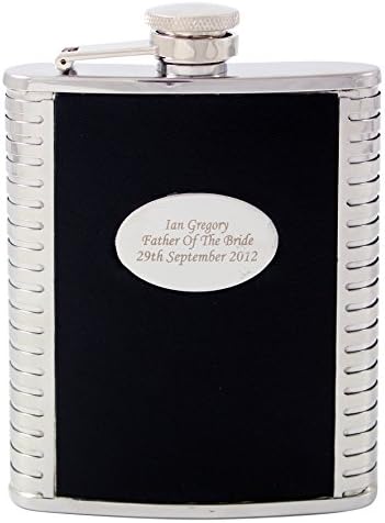 Personalised Engraved Black leather hip flask. -Engraved Free - Perfect for Christmas, Birthdays, Weddings.