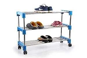 Alex Hardware SS STEEL 3-Tiers Shoe Rack/Multipurpose Storage Rack with 4 Caster Movable Wheels, Classic With SS Steel Materials (Blue)