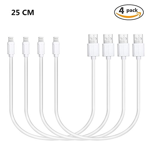 Câble Lightning, Câble iPhone Court(lot de 4, 25 cm) Sync Data USB Câble Charge pour iPhone 7/7 Plus, 6/6 Plus/6s/6s plus, iPhone 5 5c 5s, iPad Mini, iPad Air, iPod Touch, iPod (blanc)