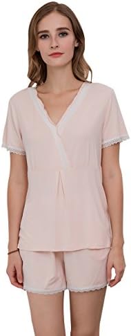 QianXiu Women Summer Short Sleeved Set Bamboo Cotton Comfy Pyjama Lace Sleepwear Set