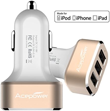 [Certified by Apple] ACEPower® Premium 3 USB 26W 5.1A Aluminum Panel Compact Designed USB Car Charger for iPhone 6 6plus 5 5S 5C 4 4S,iPad 4 3 2,iPad mini,iPad air Battery Power Supply for All Apple Device, Galaxy, Cell Phones, Tablet, Android Devices (White+Gold)