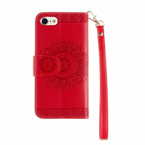 MUTOUREN für iPhone 7 4.7 Zoll Hülle Schutzhülle PU Leder Bookstyle Handyhülle Brieftasche Wallet Schale Portemonnaie Klapphülle mit Standfunktion Taschen kratzfeste Stoßfest Magnetic Snap Bumper Schale – Geprägte Muster indische Mandala Rot + Stylus Touch Pen - 4