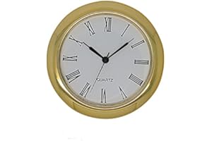 DANS CLOCK SHOP New Mini Round Premium Metal Quartz Bezel Clock Watch Movement Insert Gold with Black Roman Numerals White Dial Battery Operated Mantel Clock Repair (37mm Insert - 34.5mm Hole)