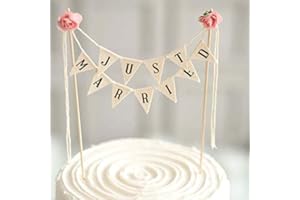 YILANG Wedding Cake Topper Vintage Rustic Just Married Wedding Cake Topper Cheese Bunting Handmade Bunting Flags with Wooden Pole Ivory (with Pink Rose) 1 Piece