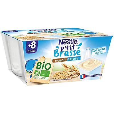 Nestlé Bébé P'tit Brassé BIO - Coupelle Lactée Muesli Nature - Dès 8 mois 4x90g - Lot de 6