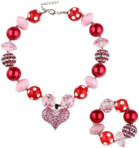 Fashion Princess Girls Chunky Beads Bubblegum Necklace and Bracelet Set Pink Heart for Prom Dress Up Gift
