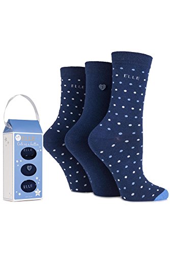 Elle Women's 3 Pair Gift Boxed Cute as a Button Patterned Cotton Socks 4-8 Ladies Navy
