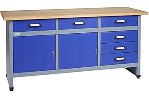 Küpper Werkbank 12177, 170x84x60 cm, 6 Schubladen, 2 Türen, 300 kg Traglast, 30 mm Massive Buchenarbeitsplatte