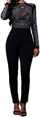 Women's Fashion Round Neck Mesh Long Sleeve Bodycon Long Pants Jumpsuit Sexy Diamante Evening Party Playsuit Clubwear (M, Black)
