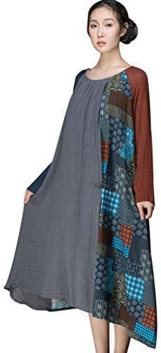 JIQIUGUER Women's Original Brand Summer Floral Print Plaid Long Sleeve Linen Cotton Patchwork Loose Long Shift Dresses Orange Large