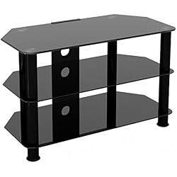King Meuble TV en Verre noir pour Ecran 20" - 40" pouces LCD/LED/Plasma Pieds Noir (avec Gestion des Câbles) 80cm