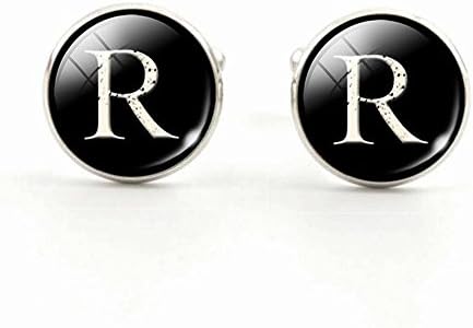 Fashion Jewelry Men Cufflinks Alphabet Single Letter Black Bottom Silver Plated Wedding Party Vintage 16mm Men Cuff Link , R