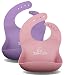 Waterproof Silicone Baby Bibs - Wide Food Crumb Catcher Pocket - Easy Roll-Up Wipes Clean & Quick Drying - Soft & Comfortable for Your Toddler - 2 Pack Pink & Purple - Door Slam Guard Included